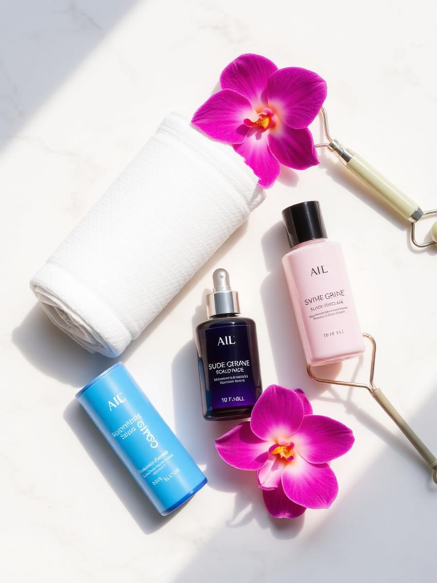 Produtos e ferramentas de skincare em superfície de mármore