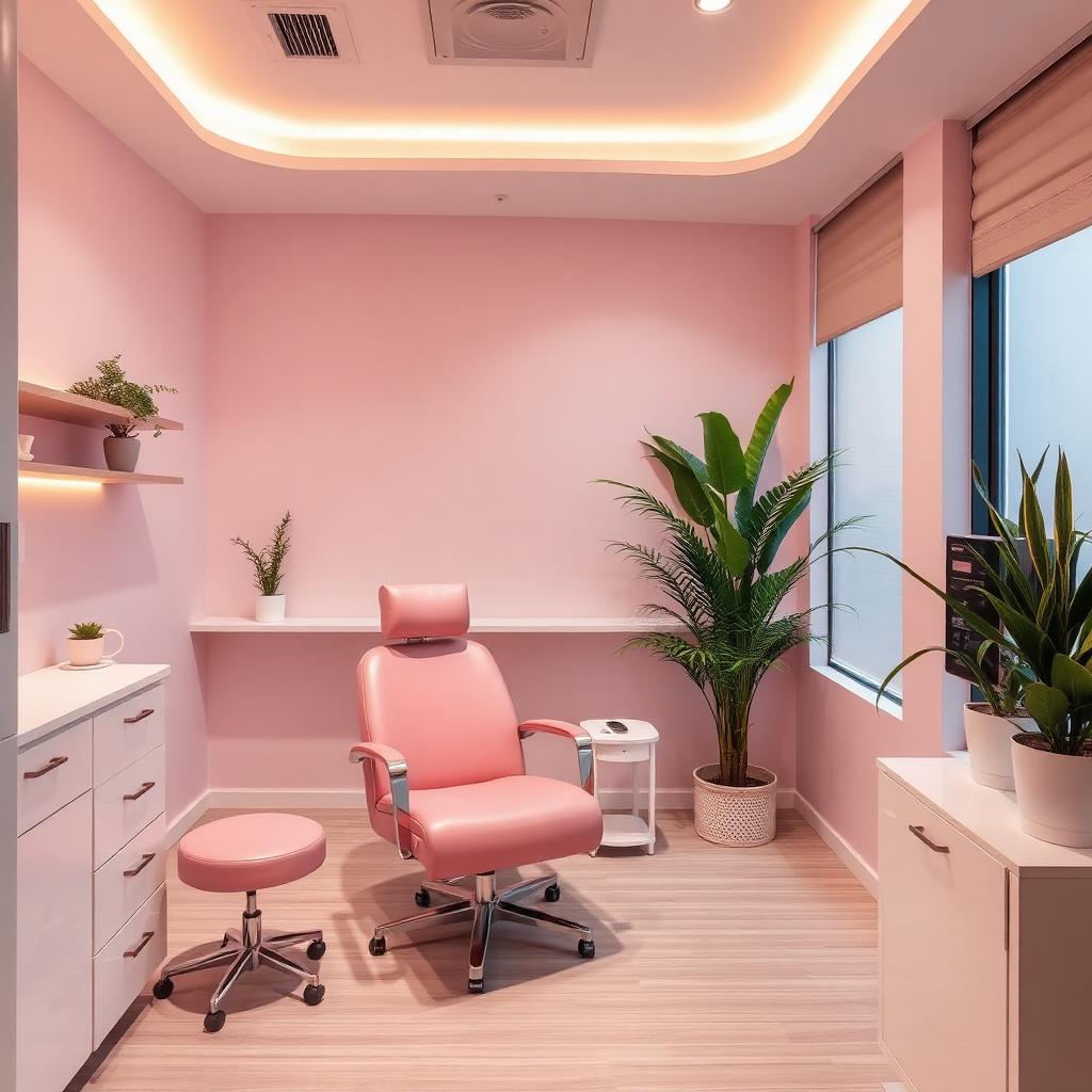 Sala de tratamento com poltrona rosa